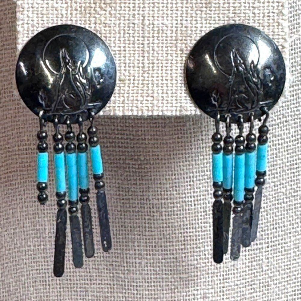 Vintage Sterling Silver Western Howling Wolf Coyote Earrings Turquoise Bead READ